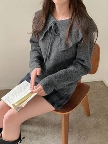 DAZY Women's Korean Style Ruffle Collar Bowknot Long Sleeve Casual Sweater, Autumn/Winter - Grey - View 9