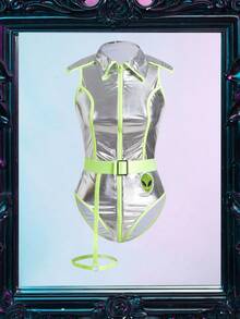 Fantasy Costume 2 Stücke Alien silber beschichteter reflektierender neongrüner Reißverschluss Schlankheits-Look Clubwear Kostüm für Frauen, geeignet für Partys, Musikfestivals, Bars, Clubs