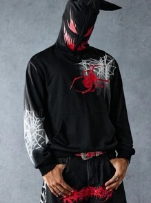 ROMWE MEN Anime Men's Fashion Spider Web Print Asymmetric Hoodie, Halloween - Black - View 9