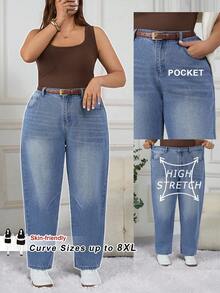 SHEIN CURVE+ 大码蓝色休闲口袋百搭女式牛仔裤，夏季 - 藍色 - 查看 1