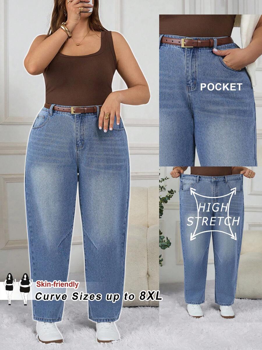 SHEIN CURVE+ 大码蓝色休闲口袋百搭女式牛仔裤，夏季 - 藍色 - 查看 1