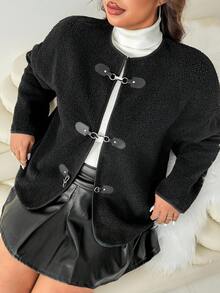 SHEIN EZwear Plus Size Solid Color Minimalist Casual Long Sleeve Jacket In Fall/Winter - Black - View 5