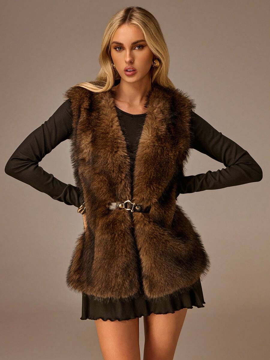 Avantive 女式纯色腰带扣设计仿皮草背心夹克 - 棕色 - 查看 1