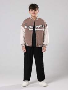 SUMWON Youth Varsity Bomber Jacket With Script Logo Design Casual Baseball Style Outerwear Fall Winter School Fashion With Text - Brown - View 5