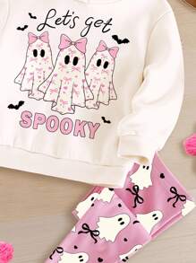 SHEIN Happikins Halloween, Cream Pink, Super Cute Little Ghost Bow Heart Print, Autumn Vibe, Baby Girl Casual Minimalist Letter Pattern Loose Raglan Hoodie Sweatshirt And Relaxed Fit Pants 2 Pieces Set, Sweet Casual, Outings, Street Style, Loungewear, Party, Picnic Fall Winter - Multicolor - View 5