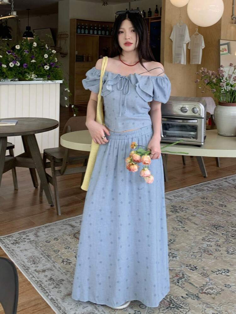 2pcs Women Polka Dot Square Collar Ruffle Tie Blouse And Elastic Waist A-Line Skirt Set Off Shoulder Top