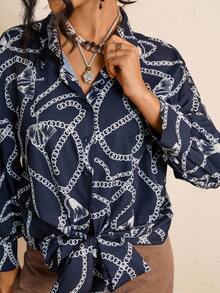 SHEIN LUNE LUNE Women's Plus Size Navy Blue Elegant Office Shirt,Chain Print Long Sleeve Knit Tie Cuff Blouse,Old Money Summer Boho Chic Business Fashion Tops - Multicolor - View 5