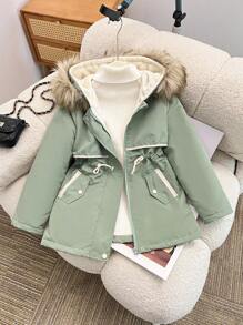 1 Stück Mädchen Farbblock Gepolsterte Jacke, Fleece Futter, Kapuze, Kunstfell Kragen, Reißverschluss, Taille, große Taschen, Winter