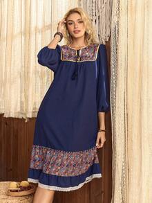 波西米亚风女士碎花流苏系领灯笼袖睡裙，秋冬款 - 彩色 - 查看 1