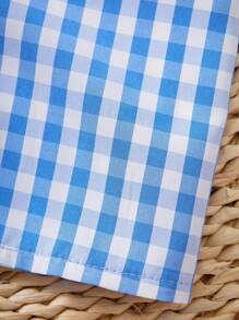 قميص كارديجان أنيق بياقة عالية وأكمام قصيرة مخطط باللون الأزرق للبنات