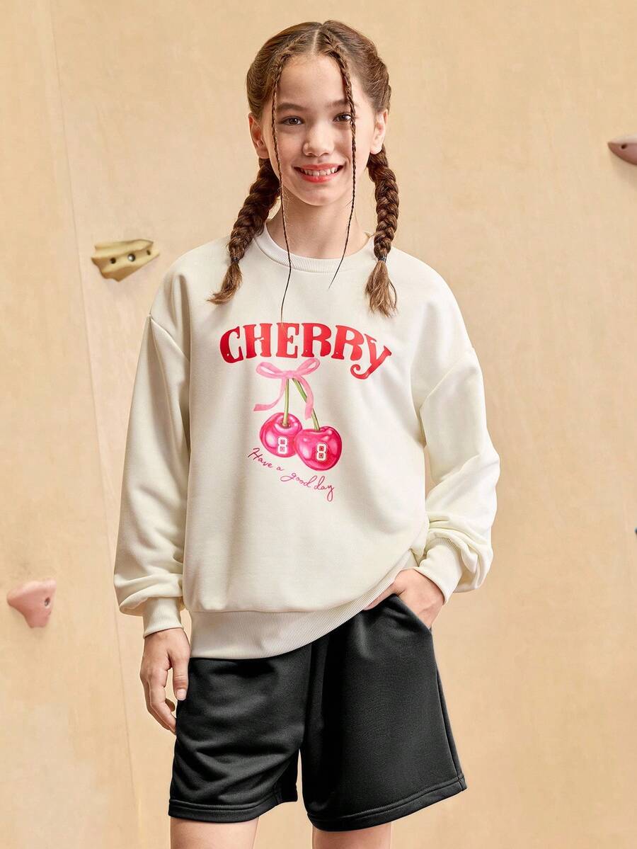 青少年女孩 2 件套服装套装 - 宽松樱桃和数字印花运动衫 + 短裤,适合秋冬日常穿着、户外活动、度假、街头服饰、派对和休闲 - 彩色 - 查看 1