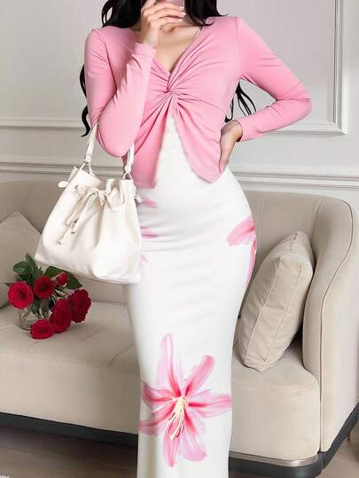 2 件套青少年女孩针织长袖短款上衣和百合花吊带长裙，优雅通勤装