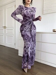 Feyla Women's Floral Print Round Neck Long Sleeve Twist Waist Elegant Dress - Purple - View 4