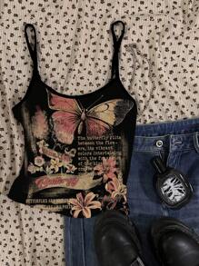 SHEIN EZwear 三件套朋克风蝴蝶印花上衣，适合夏季，Y2K哥特朋克露脐上衣，哥特风夏季装扮，适合外出穿着 - 彩色 - 查看 4