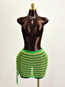 Zestiva Summer Beach Striped Drawstring Side Crochet Cover Up Skirt