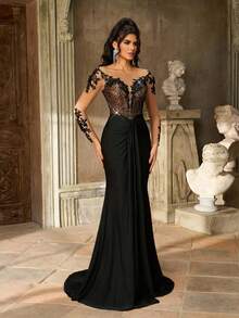 Aureia Đầm dạ hội dài tay sang trọng, chất liệu voan mỏng, đính cườm, sequin và thêu ren, phối ren, co giãn, màu đen, thích hợp cho đám cưới, tiệc tùng, kỳ nghỉ, dạ hội, dạ tiệc buổi tối (đính kết cầu kỳ), Ngày Valentine. - màu đen - Xem 8