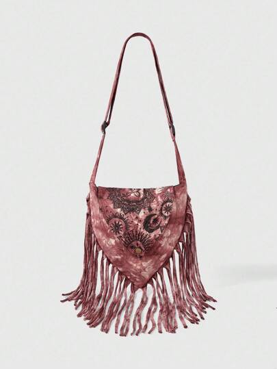 Fairycore Hippie Apokalypse Stil Sonne & Mond Muster Quasten Umhängetasche, Musik Festival Hobo Tasche, handgefertigt mit zufälligem Muster & Färbung, personalisierte Straßenmode