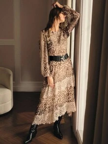 MOTF PREMIUM LEOPARD PRINT LANTERN SLEEVE LACE INSERT ASYMMETRICAL HEM DRESS - Brown - View 6