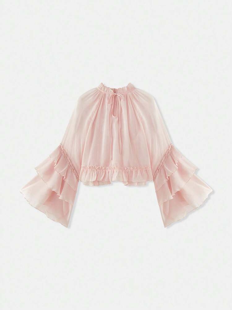 Top Boêmia Transparente com Babados em Rosa Claro, Top de Férias, Top para Encontros à Noite, Top para Sair, Primavera Verão