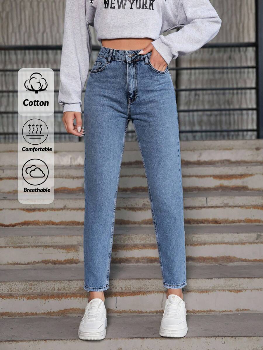 EURMUSE 100%Cotton Women Casual Zipper Fly Mom Fit Jeans - Medium Wash - View 1