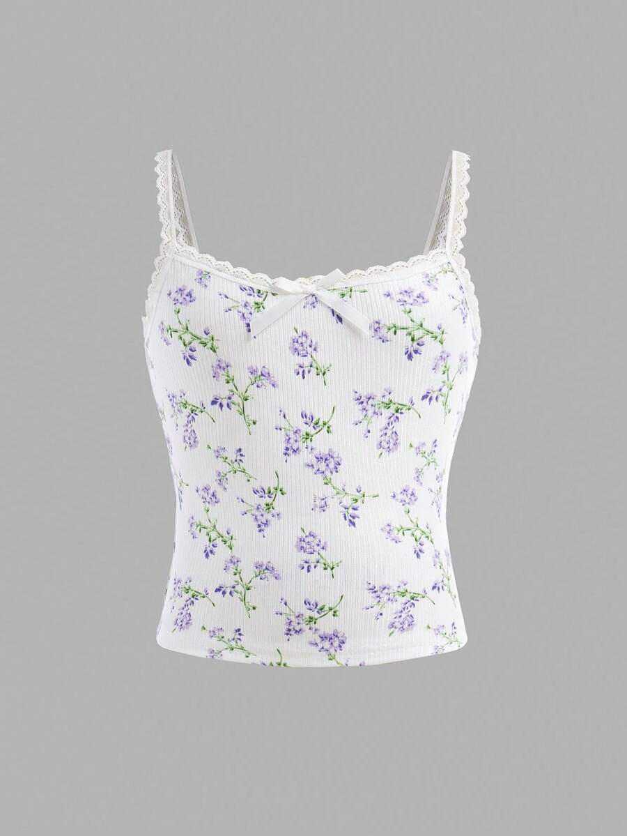 SHEIN Girlism 青少年女孩休闲舒适碎花蕾丝和蝴蝶结装饰背心 - 淡紫色 - 查看 1