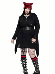 SHEIN Whyspr Vestido de punto con capucha de unicolor y efecto desgastado de estilo oscuro y de moda para tallas grandes - Negro - Ver 2