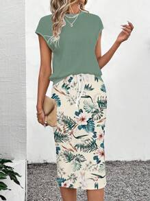 SHEIN LUNE 夏季休闲装搭配短袖衬衫和热带印花中裙女式两件套夏季两件套女裙热带裙两件套休闲套装女式女裙套装 - 彩色 - 查看 3