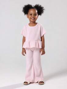 SUMWON Girls Two Piece Plisse Co-Ord Set With Ruffle Peplum Top And Flared Pants Casual Summer Holiday Beach Party Outfit Matching Set - Pink - View 1