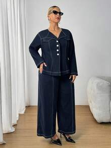 SHEIN PETITE CURVE 加大码女式休闲拼色外缝衬衫和裤子套装，秋季两件套小码裤装女式两件套裤子套装小码曲线两件套曲线小码服装套装加大码小码两件套 - 藏蓝色 - 查看 5