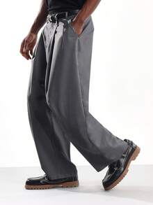 SUMWON 宽松百褶正装裤专业阔腿裤正式商务装办公室服装经典斜纹布 - 深灰色 - 查看 4