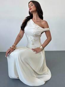 Firerie 女士优雅刺绣拼布不对称领连衣裙