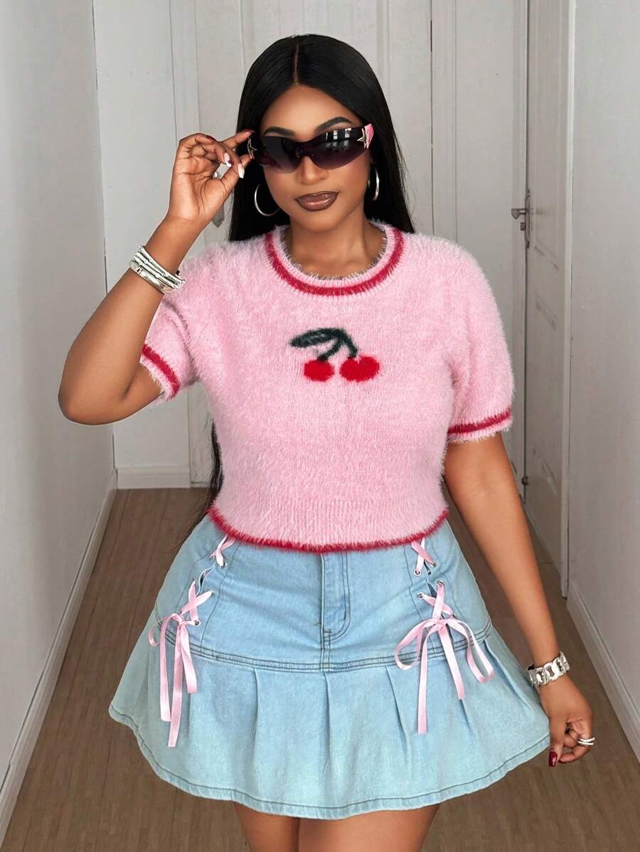 Maweii 大码女式撞色毛衣，樱桃图案短袖上衣，女士针织衫，貂绒面料，露脐上衣，秋冬季优雅修身，Maglia Corta，裹身针织衫 - 粉色 - 查看 1