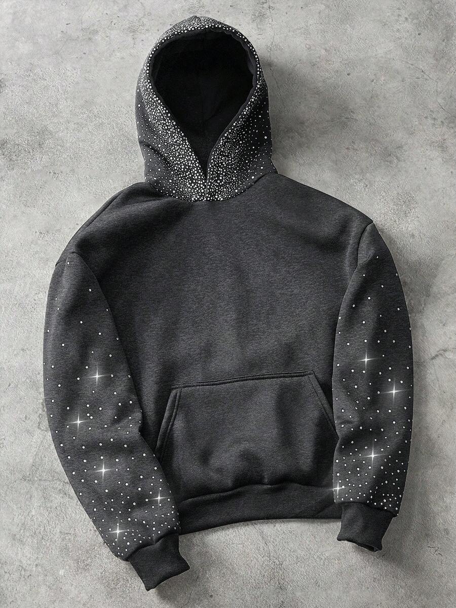 Manfinity Roghcode Manfinity Streetrush 男式星空渐变闪亮水钻装饰连帽衫，秋冬 - 深灰色 - 查看 1
