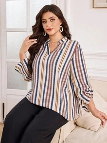 Lacomfia Plus Size Women's Casual Striped Print V-Neck Blouse, Fashionable And Elegant Casual Autumn And Winter Shirt, Perfect As A Gift For Mother