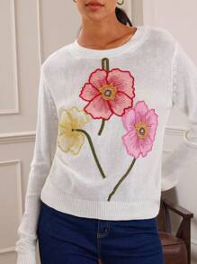 Lilora 2025 Frühherbst Städtisch Lässig Resort Elegant Retro Weiß 3D Blumen Stickerei Langarm Locker Leicht Damen Pullover Sweater, geeignet für Valentinstag, Retro, Date Night, formelle Anlässe, bequem, lässig, Outdoor - Weiss - Übersicht 5