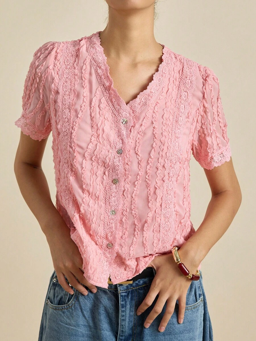 Airaco Blusa de mujer con diseño dulce y estilizador, de manga corta con ribete de encaje - Rosa - Ver 1