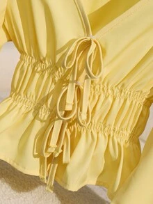 SHEIN Tween Girls' Sweet French Style Solid Color V-Neck Detachable Bow Waist Flare Sleeve Blouse, Suitable For Dates And Daily Wear Fall Winter - Yellow - View 6