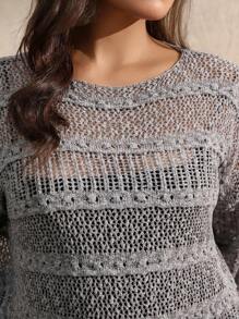 Juhart Áo len dệt kim cổ tròn khoét lỗ màu trơn dành cho nữ cỡ lớn thời trang thu đông - Xám - Xem 1