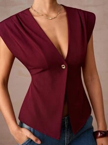 Lumalex Burgundy,Summer,Elegant,Night Out Women's V Neck Asymmetrical Hem Shirred Waist Wide Shoulder Blouse Glitter Holiday Party Rave Bohemian Luxury Top - Burgundy - View 5