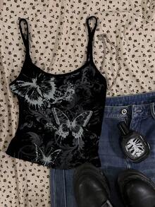 SHEIN EZwear 三件套朋克风蝴蝶印花上衣，适合夏季，Y2K哥特朋克露脐上衣，哥特风夏季装扮，适合外出穿着 - 彩色 - 查看 5