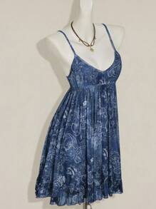 SHEIN ICON Vestido casual de vacaciones con estampado de paisley, de corte holgado, con tirantes de espagueti y malla, en estilo vintage bohemio hippie Y2K - Azul - Ver 4