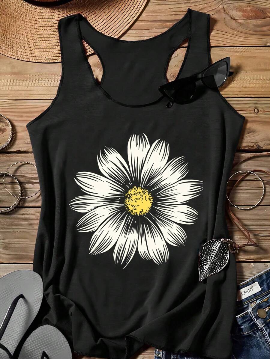 EMERY ROSE Damen Casual Simple Gänseblümchen Muster Tank Top, Sommer