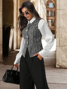 SHEIN Clasi Women's Elegant Commuter Color Block Shirt, Suitable For Work, Commuting, And Teacher - Black and White - View 4