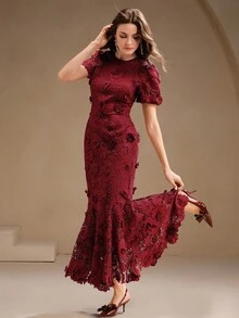 Anewsta 女式夏季新款碎花蕾丝连衣裙，优雅派对时尚 - 酒紅色 - 查看 6