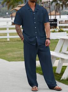 Manfinity RSRT Plus Size Men's Casual Solid Color Short Sleeve Shirt And Pants Set, Summer - Royal Blue - View 1