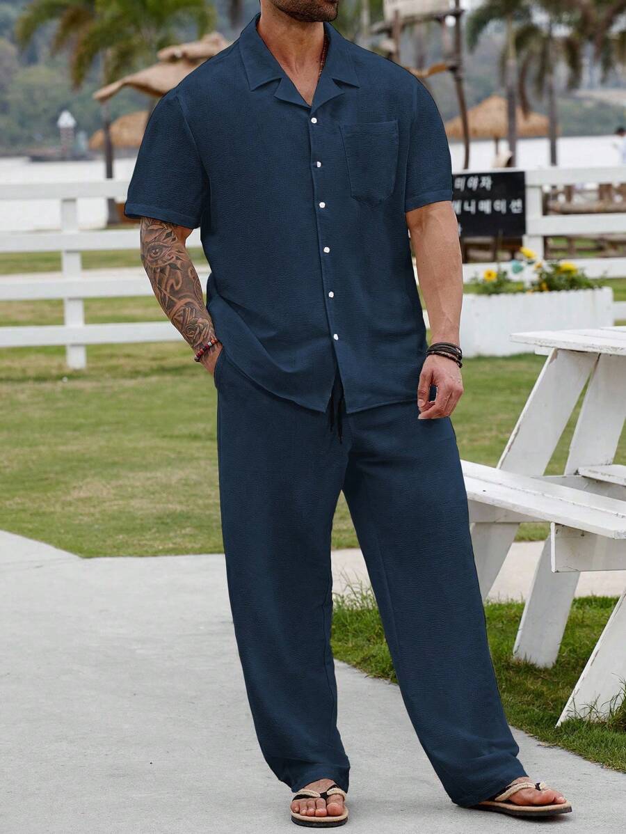 Manfinity RSRT Plus Size Men's Casual Solid Color Short Sleeve Shirt And Pants Set, Summer - Royal Blue - View 1