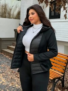 SHEIN CURVE+ Áo khoác nữ cỡ lớn có khóa kéo, ấm áp cho mùa thu/đông, mùa thu, trở lại trường, vải chần bông, ấm áp - màu đen - Xem 8