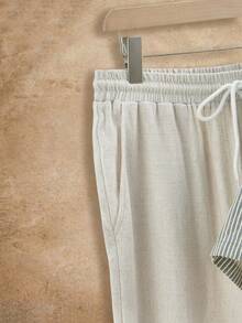 HIMLAND 2pcs/Set Men Summer Cotton Blend Brushed Textured Plaid Casual Short Sleeve Shirt & Loose Linen Pants 2 Pieces Linen Set, Cozy Outfits - Multicolor - View 4