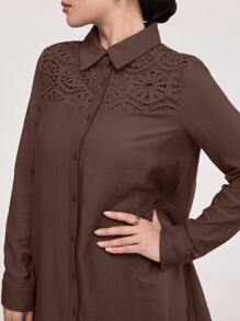 Veilorie 2 件套：女士休闲优雅撞色蕾丝纽扣衬衫和裤子 - 咖啡棕 - 查看 5