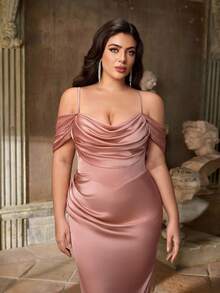 Aureia 加大码夏季优雅浪漫莲花粉色细肩带荷叶边领口修身鱼尾下摆连衣裙，适合晚会、约会、舞会、毕业典礼、音乐节、婚礼、伴娘 - 藕粉色 - 查看 3